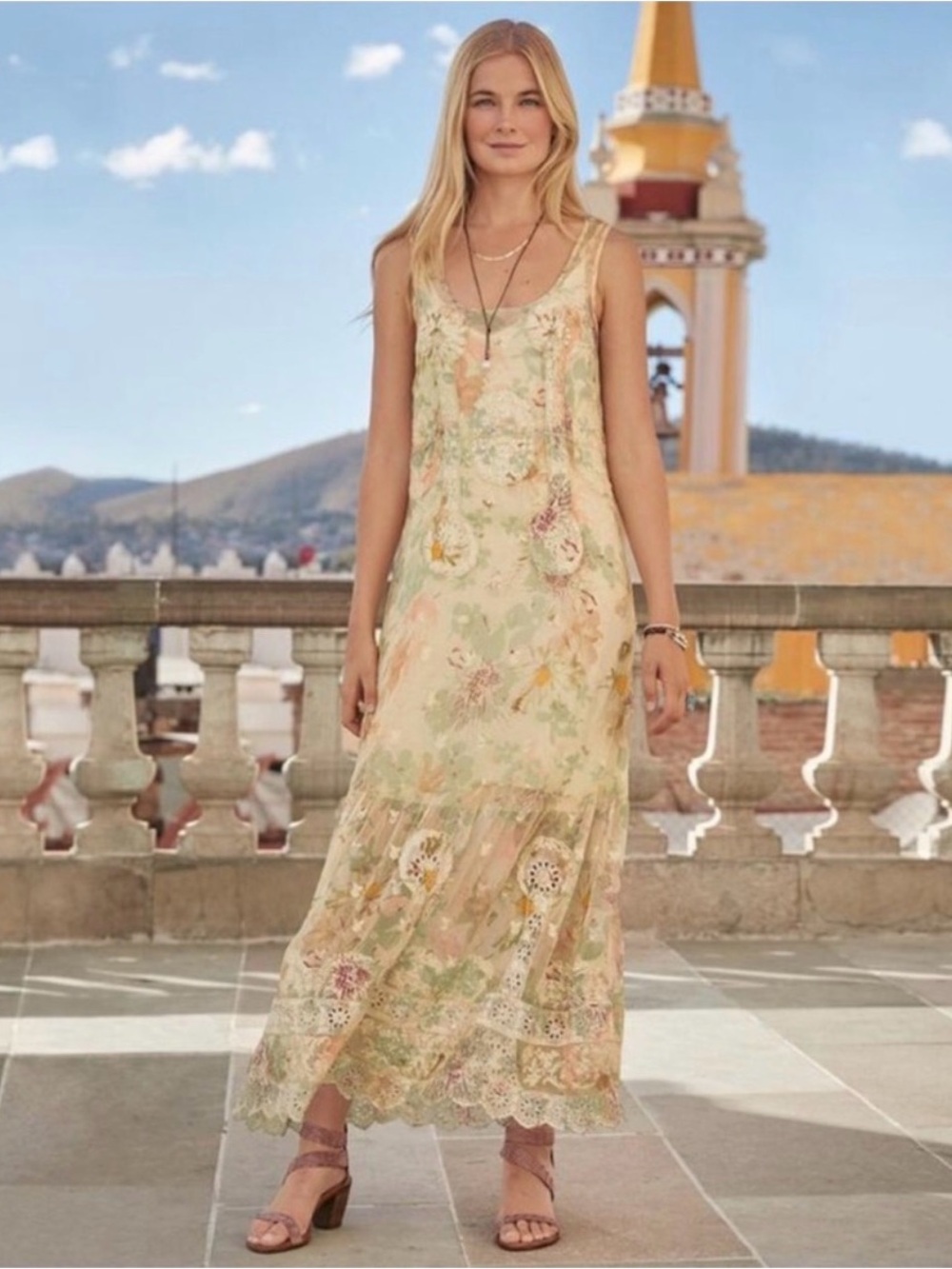 Sundance Silk Floral Lace Eyelet Tiered Maxi Dress Sz M